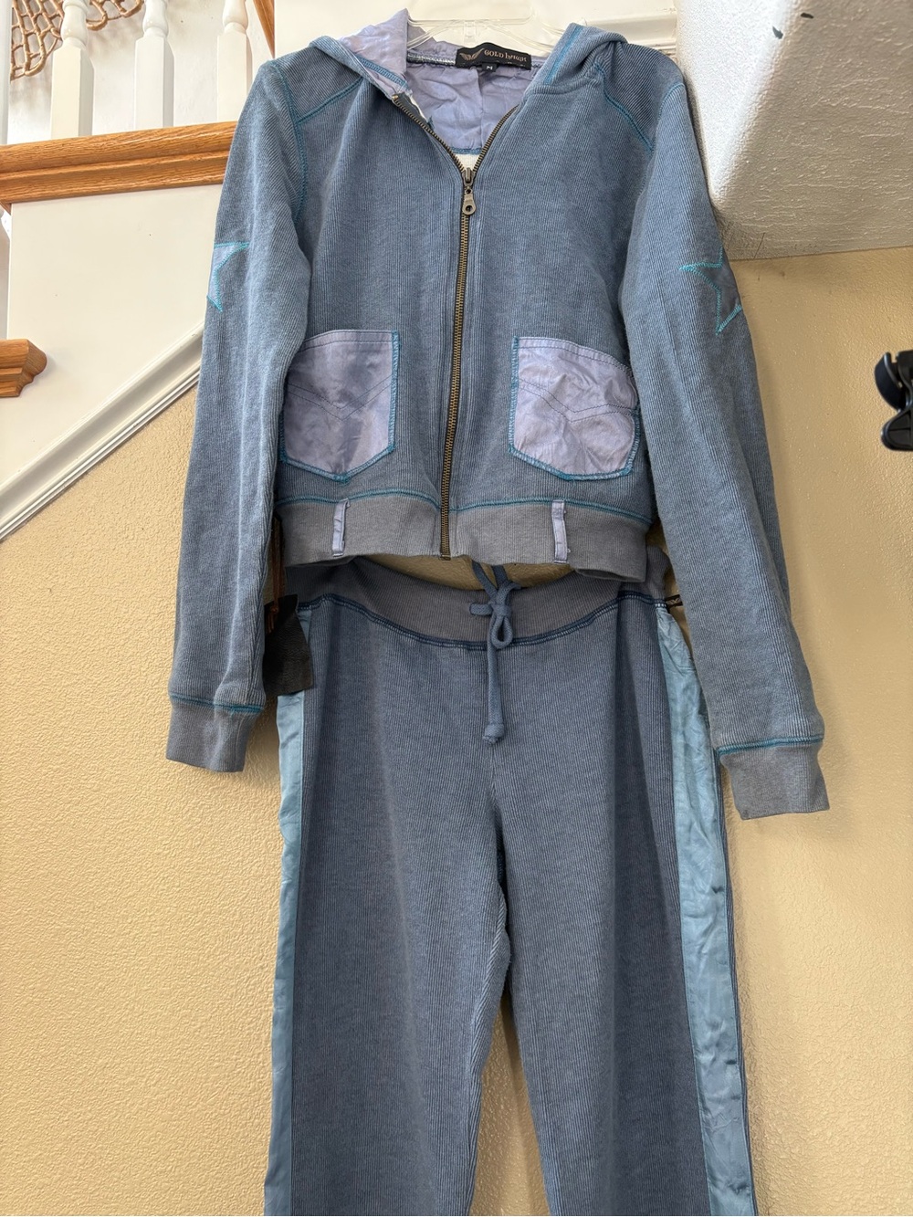 Golden Hawk Women's Blue Hooded Star luxury design Pantsuit with Zip Jacket